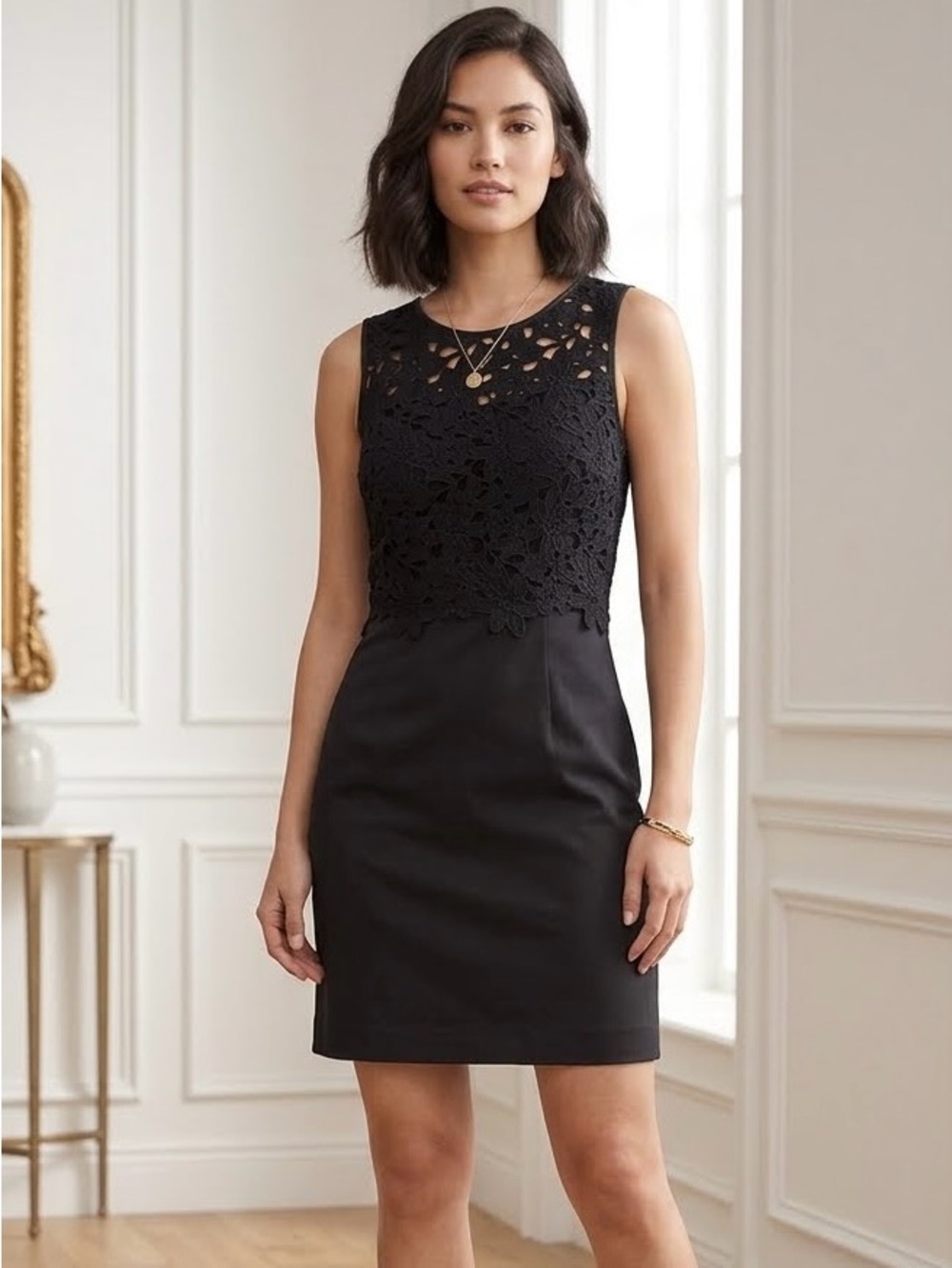 H&M Floral Guipure Lace Overlay Sheath Mini Dress Black US 4
